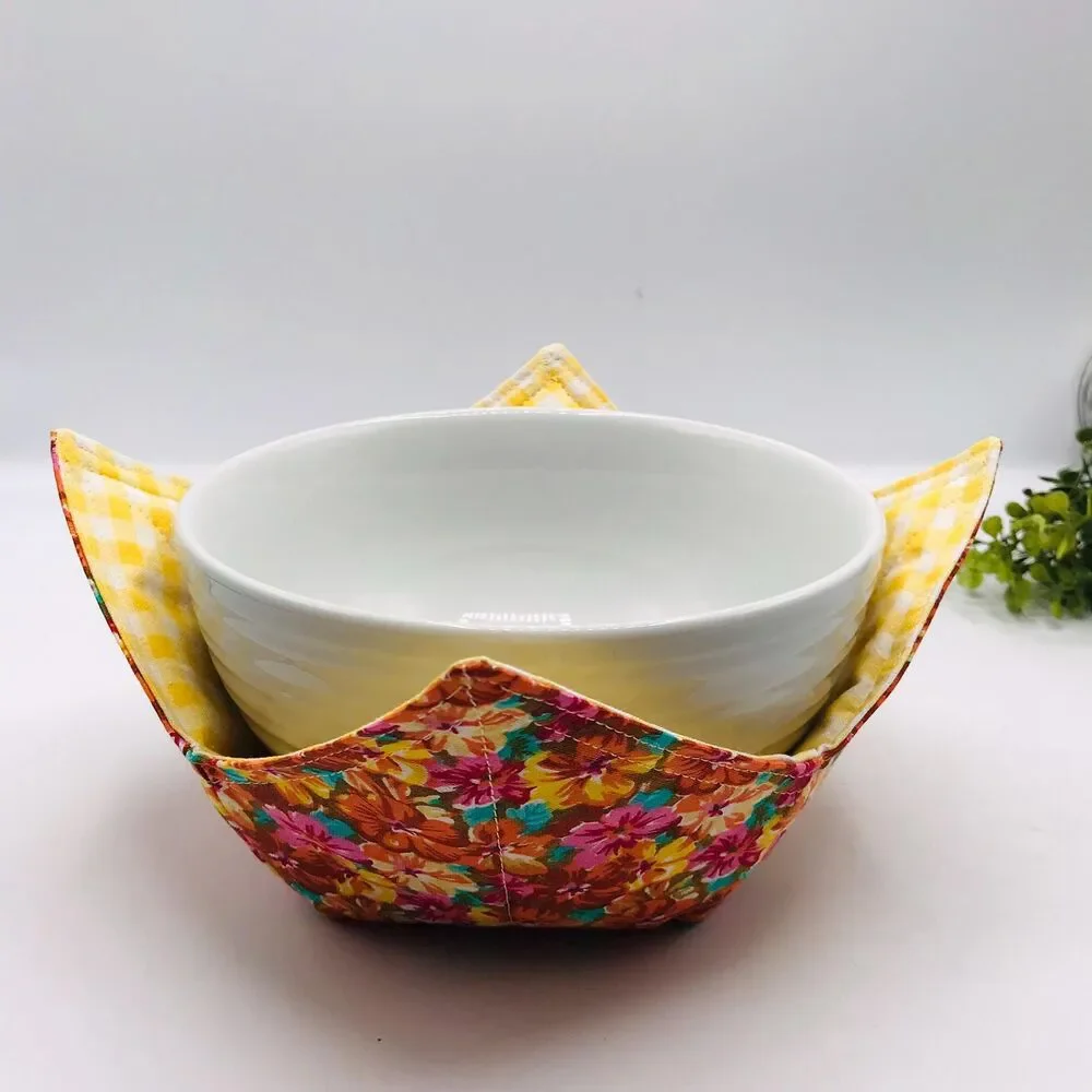 Microwave Soup Bowl Cozy, Reversible Bowl Orange Pinks And Yellow Florals